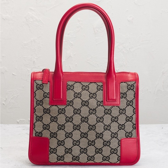 Gucci GG Canvas Tote Bag – Red Leather Trim | Vintage Designer Shoulder Bag - Picture 4 of 10